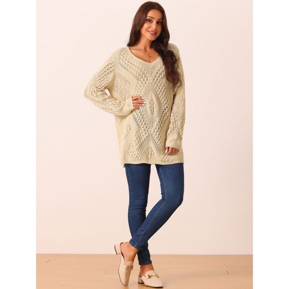 V Neck Long Sleeve Hollow Cable Knit Loose Casual Pullover Sweaters Khaki - Picture 3 of 5